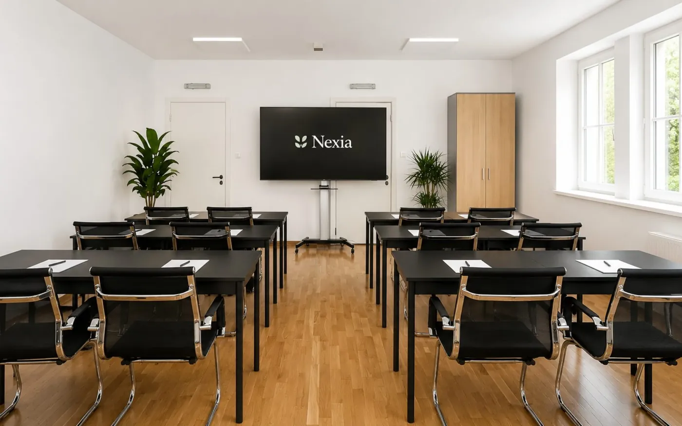 Nexia učionica sa stolovima i ekranom