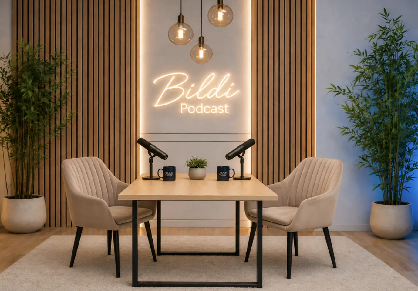 Bildi Podcast studio sa stolom i mikrofonima