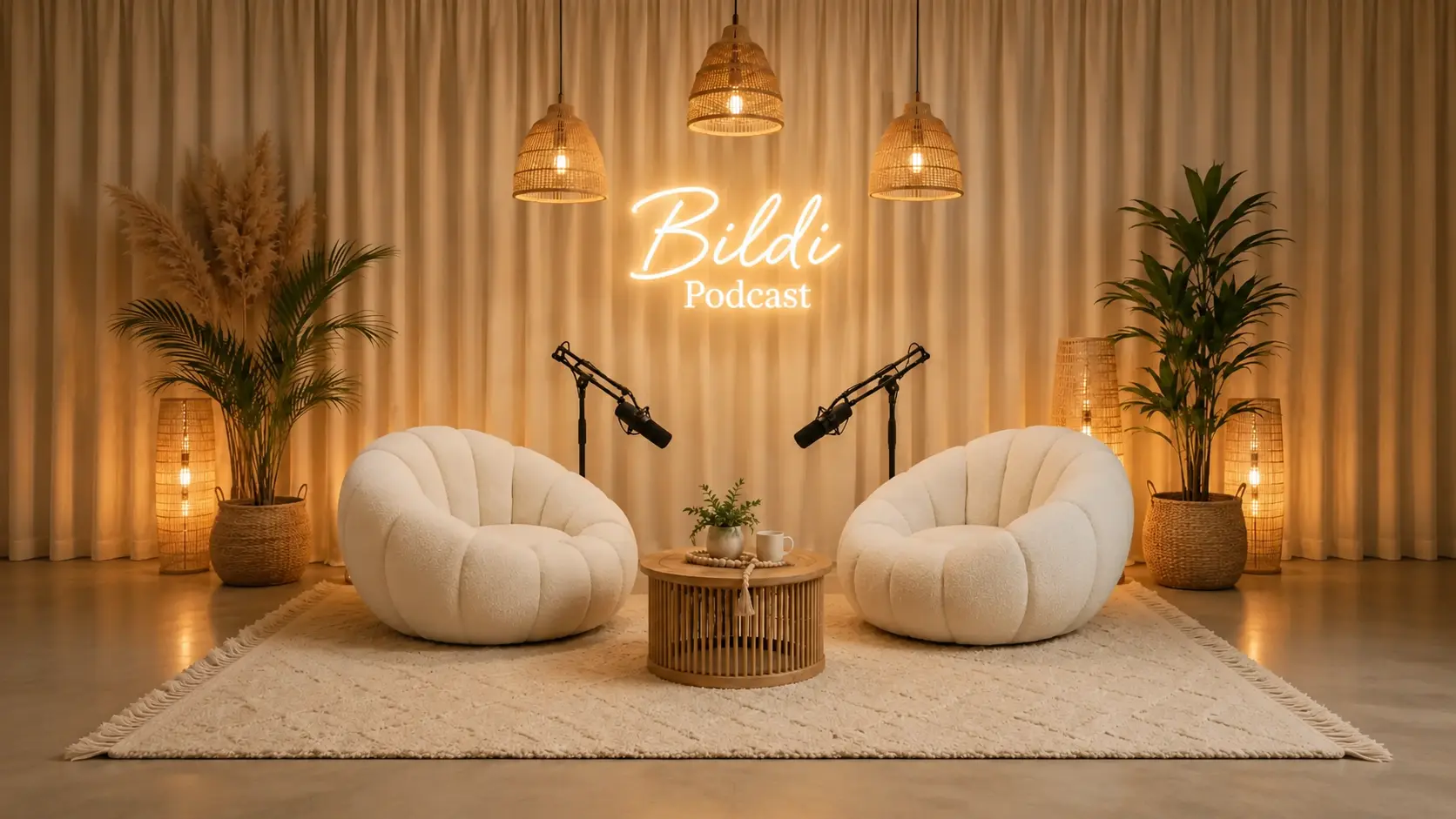 Bildi Podcast studio sa foteljama i mikrofonima